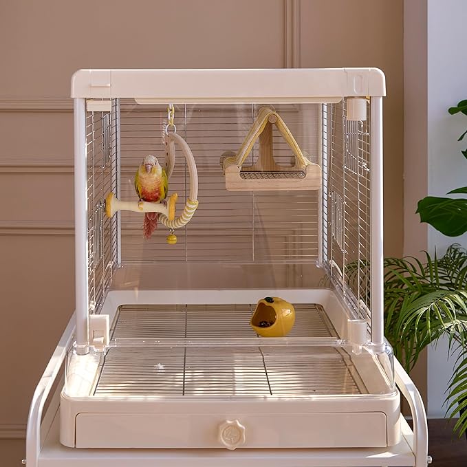 Natural Bird Swing - Moon-Shaped Parrot Perch with Bell and Cork Toys, Spinning Wooden Stand for Parakeets, Budgies, Lovebirds and Small/Medium Birds (White + Yellow)