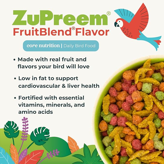 ZuPreem FruitBlend Bird Food, Bird Feed Pellets for Cockatiels, Lovebirds, Quakers, Small Conures & Lorikeets, Core Nutrition with Natural Fruit, Cockatiel Food, Conure Feed, (Medium, 2 lb Bag)