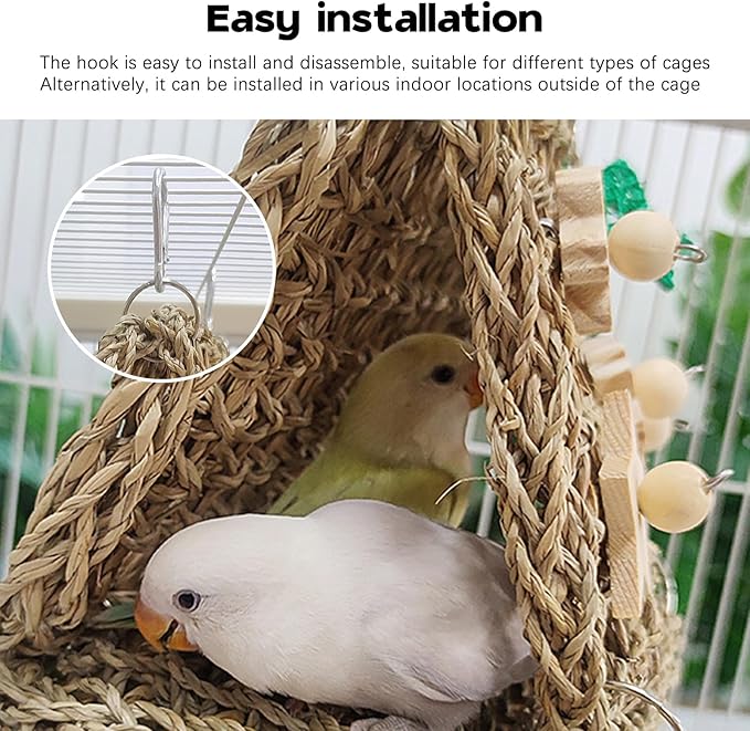 Seagrass Handwoven Bird Bed for Cage, DIY Parakeet Nest & Climbing Ladder, Breathable Bird Hammock Tent, Hut Hideout for Parakeets, Lovebirds, Budgies, Cockatiels(SJ)