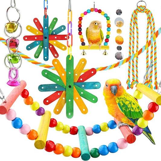 QUOZUO 8 pcs Bird Toys for Parakeets with Colorful Ladder Hammock Bird Cage Accessories Bird Perch Stand Chewing Toys Hanging Bell Parrot