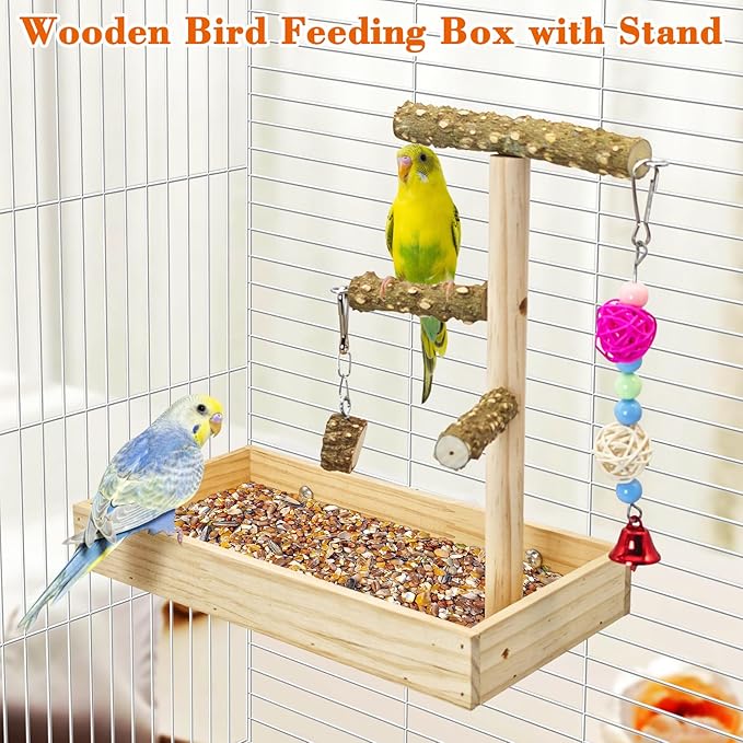 BNOSDM Wooden Bird Feeder for Cage Natural Wood Parrot Feeding Cups Bird Food Dish with Perch Stand for Parakeets, Budgies, Cockatiels, Lovebirds, Finches, Pigeons