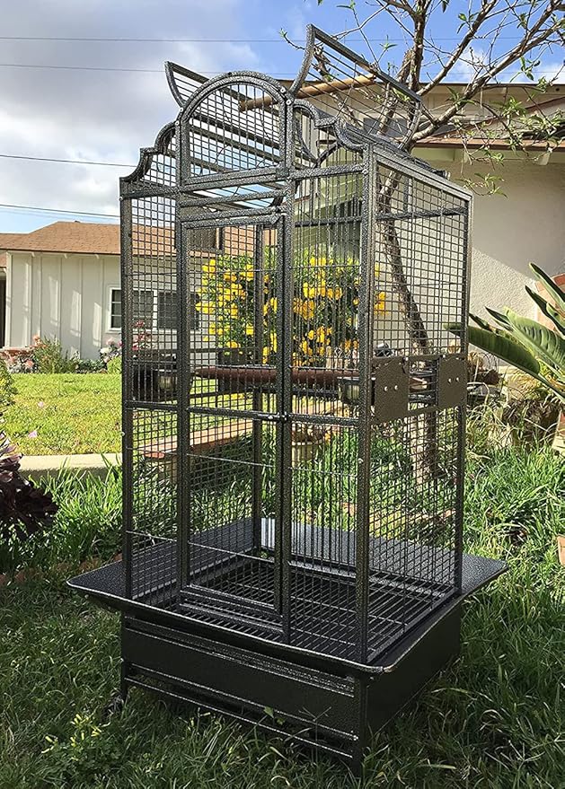 Large Elegant and Durable Wrought Iron Open/Close Play Top Bird Parrot Cage, Include Metal Seed Guard Solid Metal Feeder Nest Doors (24''L x 22''W x 63''H, Black Vein)