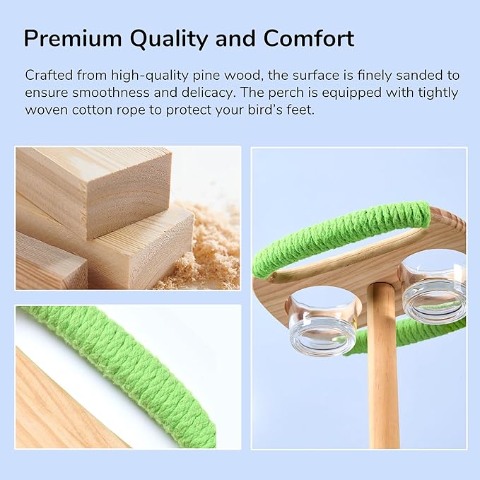 Bird Feeder & Perch – Includes Cotton Rope Perch and Glass Feeding Cup – Cage Accessory for Cockatiels, Budgies, Lovebirds, Conures, Canaries, Finches, and Small Parrots