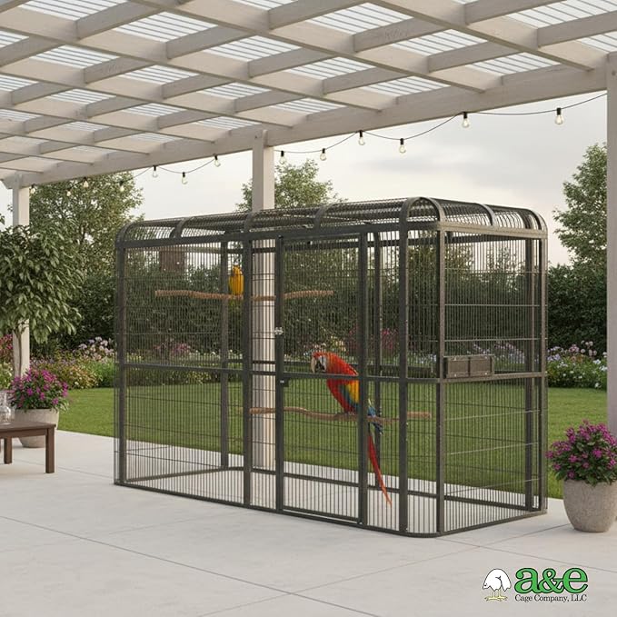 A&E Cage Co WI11062 Black Walk-in Bird Aviary - 110"x62"x79" Large Parrot Cage - Front Door on 110" Side, 3 Swing-Out Feeder Doors, Stainless Steel Bowls