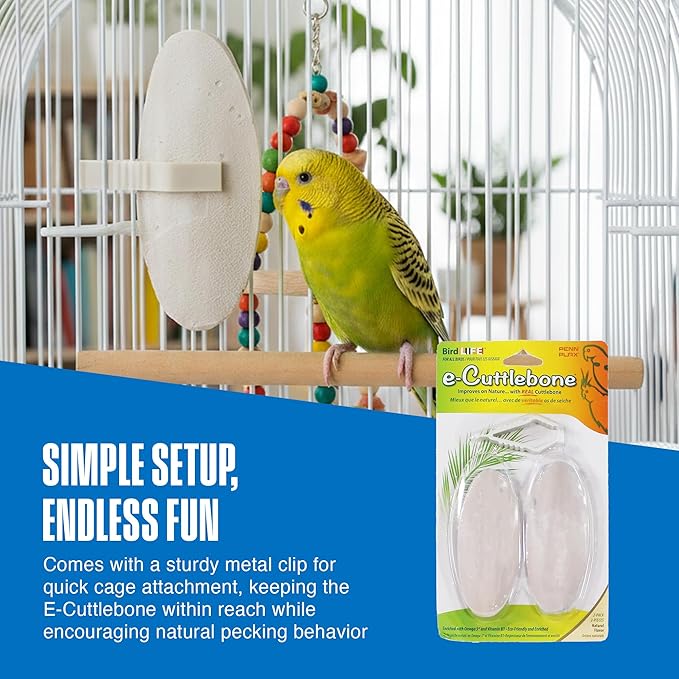 Penn-Plax Bird-Life E-Cuttlebone Original, 1 Pk (2 Counts) - Durable, Less Brittle Cuttlebones Enriched with Omega 3, Honey & Vitamin B1 - Easy Mounting, Cage Clip - Great for All Bird Sizes - White