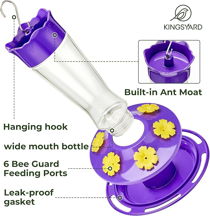 Kingsyard Glass Hummingbird Feeder for Outdoors Hanging, 14 oz Leak-Proof Humming Bird Feeders with Ant Moat & Bee Proof Feeding Ports, Hummingbird Gift for Bird Lovers (Updated Purple)