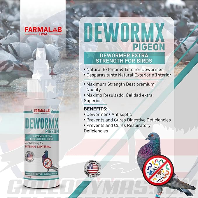 DEWORMX Liquido para Palomas 60ml DEWORMX Liquid for Pigeons Doves Birds 60ml Palomos Buchones Mensajeros Pigeon Tabs Pigeonvita Vitamins La Lechita
