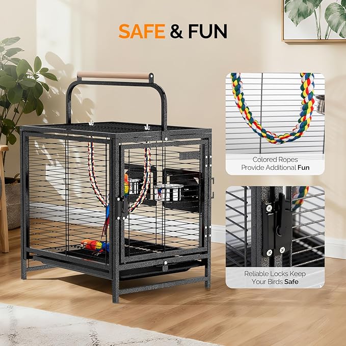 VINGLI Small Bird Cage, 25 inch Travel Carrier Bird Cage with Handle, Wrought Iron Parakeet Cage with Wooden Perch for Parrot Lovebirds Finches Small/Medium Birds (Hammertone Black)