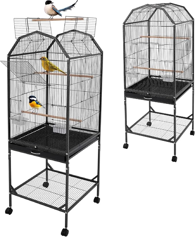 Large Bird Cage with Stand & Wheels, Freestanding Parakeet Birdcage, 53.5 Inch Bird Flight Cages for Parrot Canaries Cockatiels Budgie Parrotlet (Black-B)