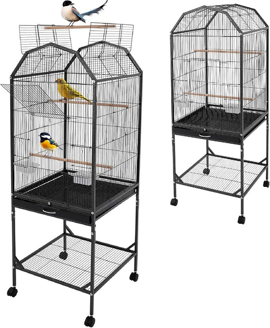 Large Bird Cage with Stand & Wheels, Freestanding Parakeet Birdcage, 53.5 Inch Bird Flight Cages for Parrot Canaries Cockatiels Budgie Parrotlet (Black-B)