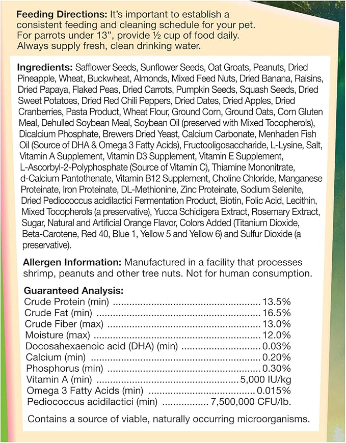 F.M. Brown's Tropical Carnival Gourmet Bird Food for Parrots, African Greys, and Conures Under 13", Probiotics for Digestive Health, Vitamin-Nutrient Fortified Daily Diet - 5 lb.