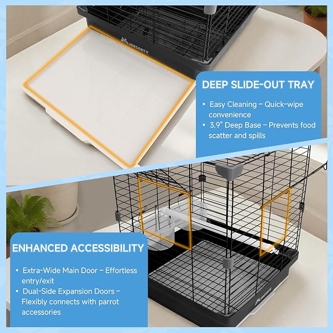Small Bird Cage - 12x12x14.6 in Lightweight Travel Outdoor Birdcage for Parakeets, Budgies & Canaries and More Small Birds, Bird Carrier with Handle, Stand, Removable Tray, Portable for Hanging, Black