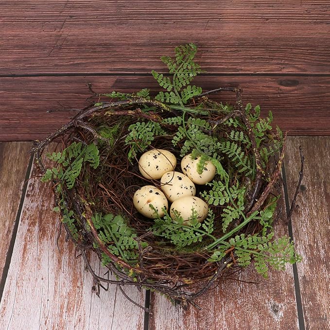 YARNOW Artificial Fake Birds nest Bird Nest with 5 Eggs Rattan Bird Nest Decoration Small Fake Birds Nest Ornament for Home Easter Artificial Bird nest Decor Bird nest Decoration