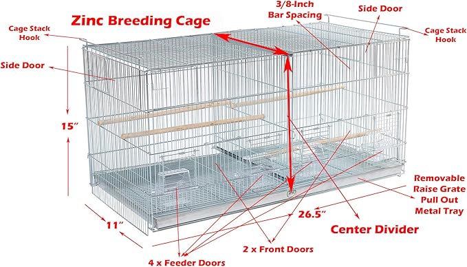 Combo: Stainless Galvanized Zinc Plated Stack & Lock Breeder Bird Flight Cage Breeding Nest Door Removable Divider with Rolling Stand (26.5"x11"x15"H-LOT-4-STAND, Galvanized Zinc Plated)