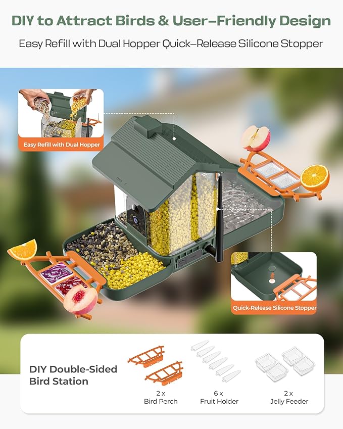Bird Feeder with Camera and Bird Bath for Outdoors, Dual-Lens 2K HD Video with AI Identification, Solar Powered, Instant Alerts, IP66 Weatherproof
