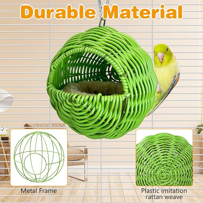 Rattan Birds Nest for Cage Hanging Parakeet House Chewproof Parrot Breeding Bed Small Budgies Hideout Swing Hut Bird Cage Accessories for Lovebirds Cockatiel Conure Finch Canary (Green)