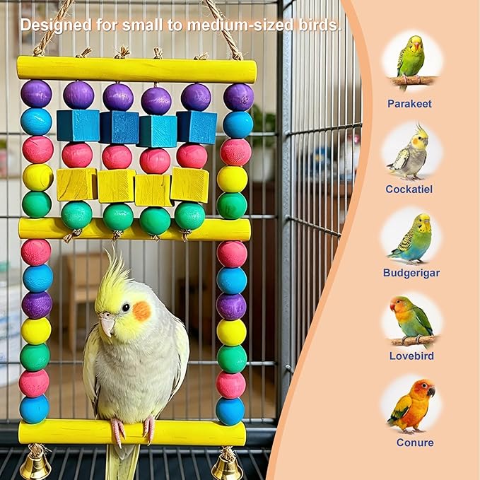 Bird Swing Toys - Dual-Layer Parrot Swing with Perch, Colorful Design with Colorful Wood Blocks, Natural Bird Toys, Bird Cage Accessories for Small & Medium Birds