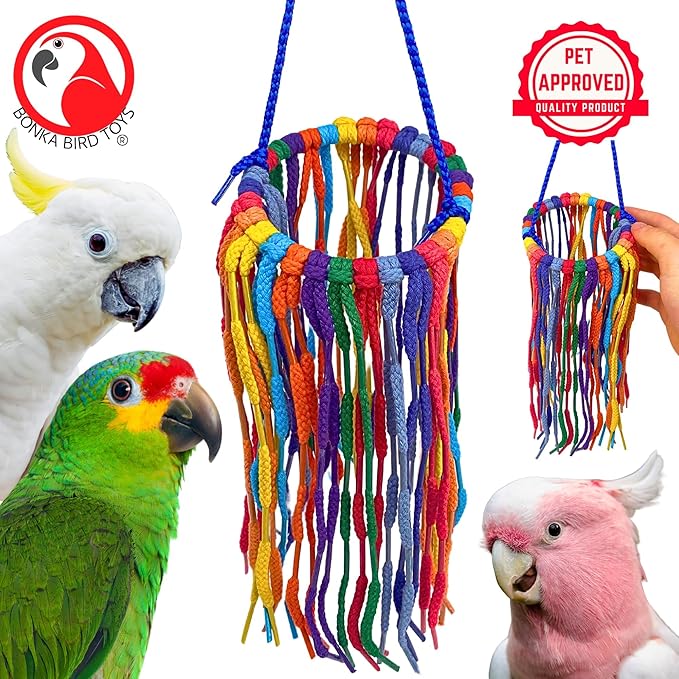 Bonka Bird Toys 51214 Small Aglet Heaven Cotton Shoelace Toy with Plastic Aglets and 2" Ring for Parakeets Cockatiels Quakers Pionus Small Bird Enrichment (Pack of 2)