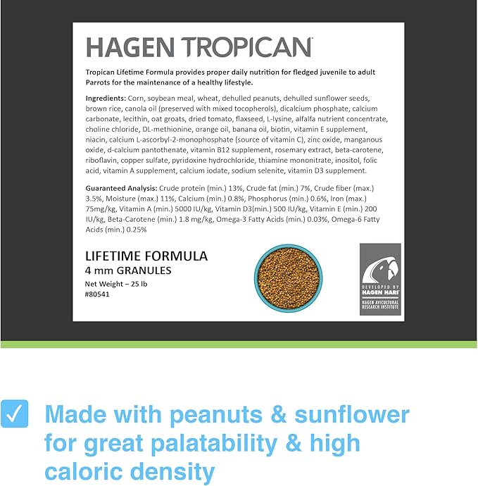 Hari Tropican Bird Food, Hagen Parrot Food with Peanuts & Sunflower Seeds, Maintenance Granuels, Lifetime Formula, 25 lb Bag