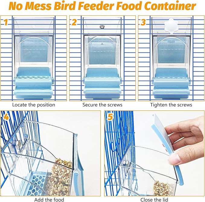 BNOSDM No Mess Bird Feeder Transparent Automatic Bird Cage Feeder with Perch Acrylic Parrot Food Container Parakeet Cage Accessories for Parakeets, Budgies, Cockatiel, Finch, Canary, Lovebird (Blue)