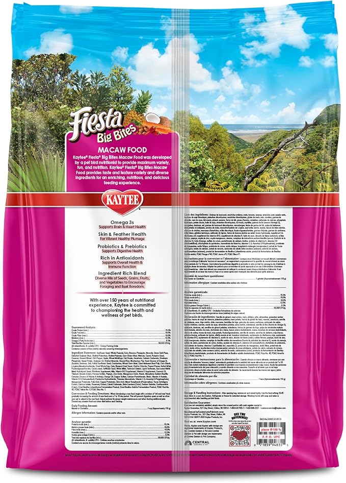 Kaytee Fiesta Big Bites Macaw Food, Nutritious and Fun Blend, Supports Skin, Feather, Digestion, Brain and Heart Health, 10 pounds