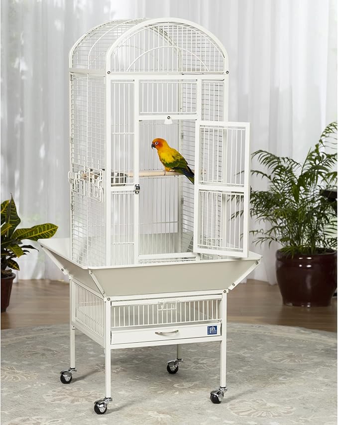 Prevue Pet Products Dome Top Bird Cage - Powder‑Coated Steel Cage with Wheels, Push Button Locks, Seed Guards and Perch, Ideal for Cockatiels, and All Small-Medium Sized Birds - Chalk White