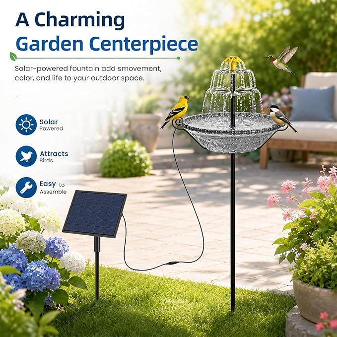 Bird Bath for Outside with Solar Fountain, Plastic Bowl on Metal Stake and Ground Stand, Freestanding Garden Accent for Yard and Patio (Gray(L))
