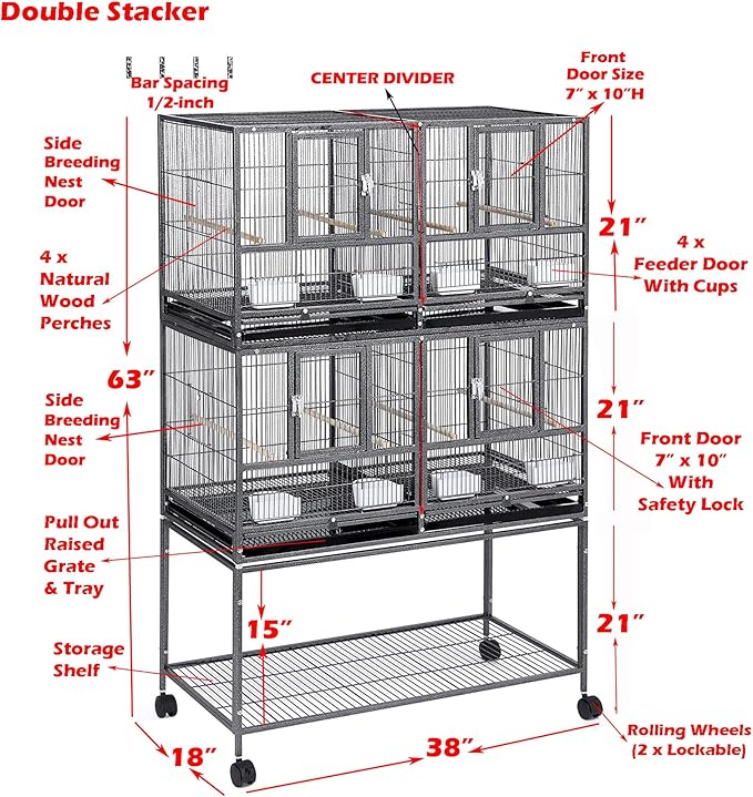 Sturdy Wrought Iron Combo 2-Stacker Center Divided Breeder Breeding Bird Flight Double Rolling Cage Side Nesting Box Doors for Aviaries Canaries Cockatiels Lovebirds Finches Budgies Small Parrots
