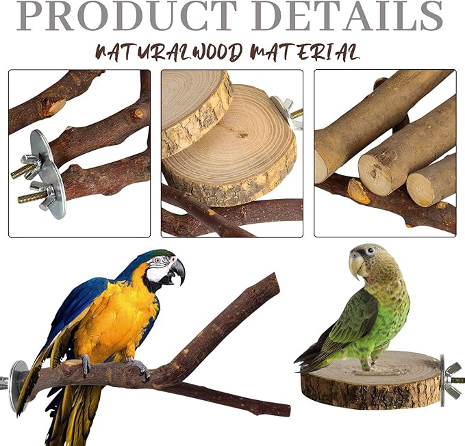8 Pack Natural Wood Bird Perches, Parrot Perch Stand Bird Cage Accessories for Budgerigar Cockatiels, Conures, Lovebirds (M)