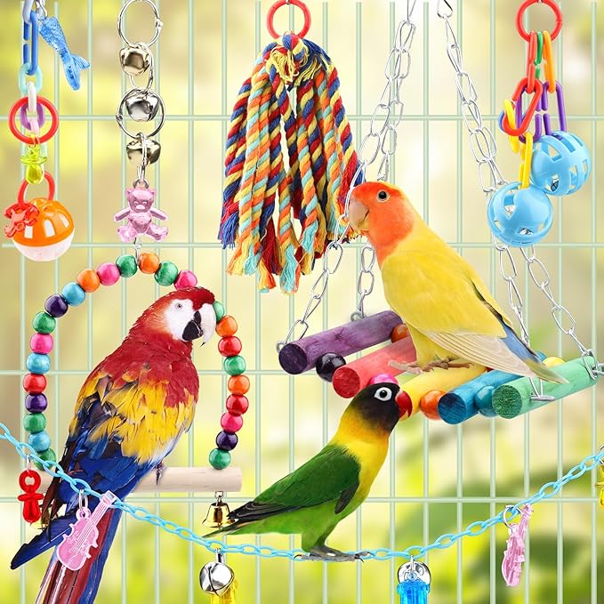 QUOZUO 9 Pcs Parakeet Cockatiel Bird Toys, Parrots Cage Accessories Swing Rope Hanging Wooden Perch Chewing Toy for Budgerigar, Parrot, Cockatiel