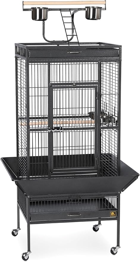 Prevue Pet Products Wrought Iron Select Bird Cage - Large Steel Cage with Rolling Stand, Seed Guards, and Playtop, Ideal for Conures and Medium Birds - Black Hammertone