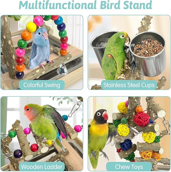 PINVNBY Bird Playground Natural Wood Parrot Perch Stand Bird Play Gym Colorful Ladder Swing Chewing Toys with Metal Tray and 2 Stainless Steel Cups Cage Accessories for Conure Cockatiel Parakeet