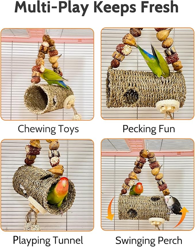 Bird Nest for Cage with Natural Chewing Toys, Hanging Bird Tunnel Bed with Sturdy Metal Frame & Handwoven Breathable Seagrass, Small Parakeet Bed for Lovebird, Canary, Budgie Rest & Chew & Play