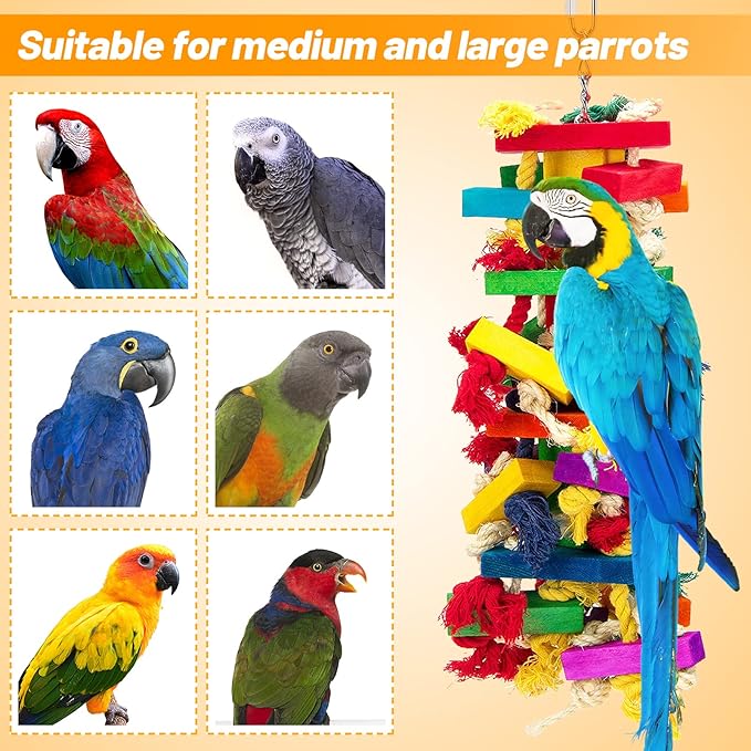 Extra Large Natural Wood Bird Toys for Macaws, African Grey, Amazon Parrots Gifts