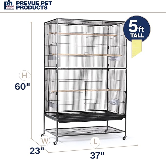 Prevue Hendryx Pet Products Wrought Iron Flight Cage - Big Rolling Bird Cage for Parakeets, Cockatiels, Conures, Lovebirds, Canaries, Finches, Parrotlets, & Caiques, 5 Ft - X-Large, Hammertone Black