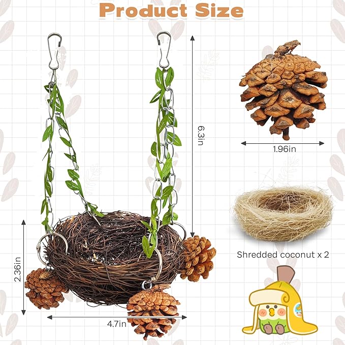 PINVNBY Natural Rattan Bird Nest for Cage Hanging Bird Bed Sugar Glider Swing Toys with Coconut Fiber Mat for Parakeet Cockatiel Lovebird Conure Sugar Glider Canary