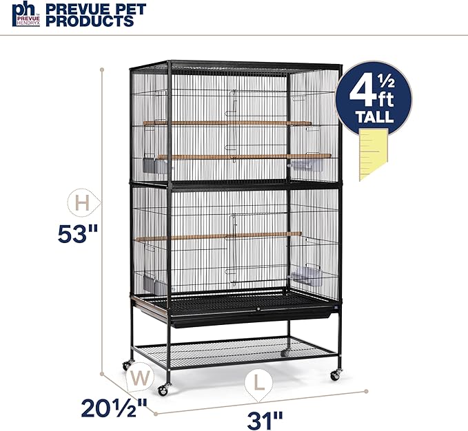 Prevue Pet Products Steel Bird Flight Cage with Wheels - Large Birdcage for Parakeets, Canaries, Finches, Cockatiels, Lovebirds, & Green Cheek, Metal Standing Birdcage - Black, Large