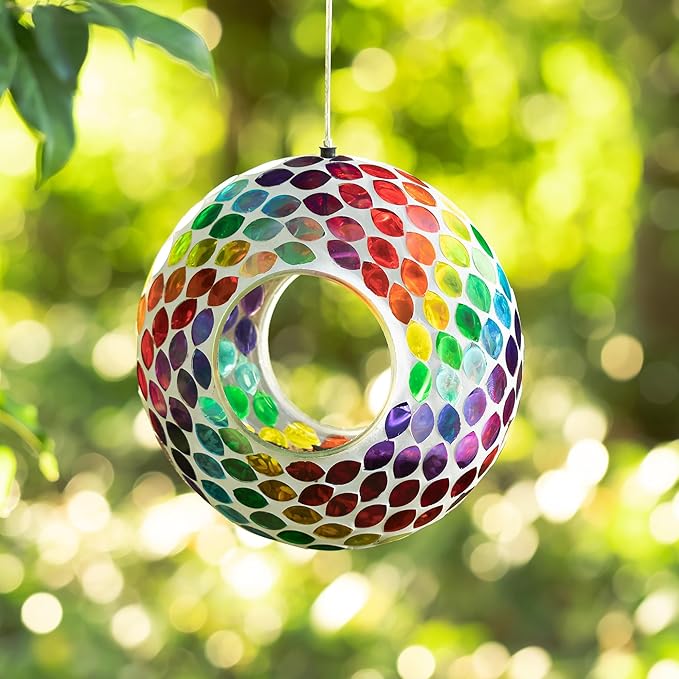 Glitzhome Hanging Bird Feeder for Outdoor 8''D Glass Round Multi-Color Mosaic Decorative Garden Birdfeeder