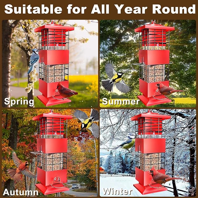 Bird Feeders Squirrel Proof for Outdoors, 3LBS Metal Hanging Bird Feeders, Weight-Activated Perches Anti-Squirrel Birdfeeder for Blue Jay, Cardinal, Outside (Red)