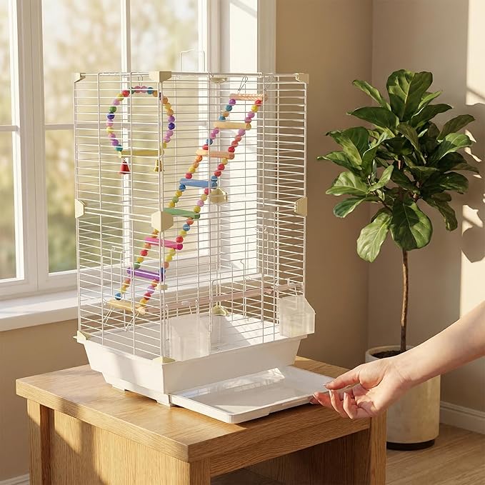 Pet Paradise Bird Cage, 14.6 x 11 x 24.8 inches, Metal Wire Construction, Multiple Perches and Feeders, for Parakeets, Canaries, Finches (White)