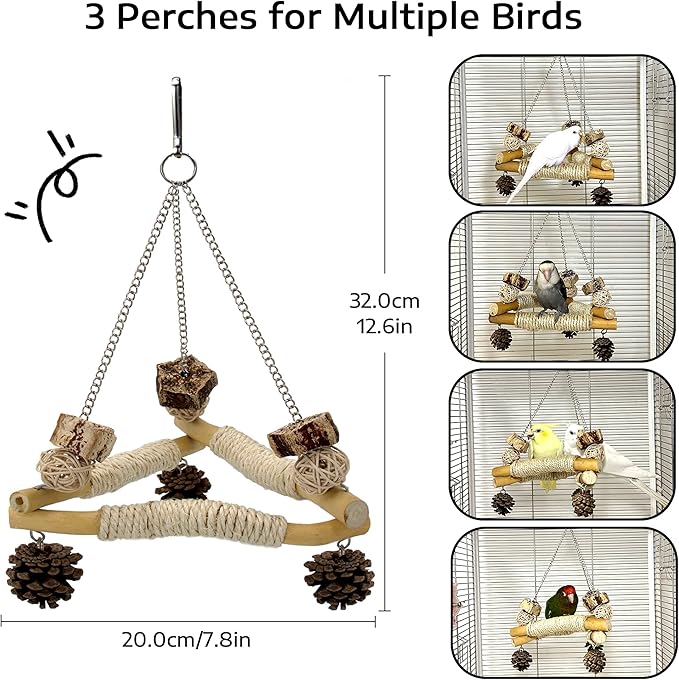 Bird Swing for Cage with Chew Toys, 3 Sisal-Wrapped Parrot Perches & Stable Triangle Design, Wooden Hanging Parakeet Toys Swing for Cockatiel Lovebirds Conures Quaker Balance Training (S)