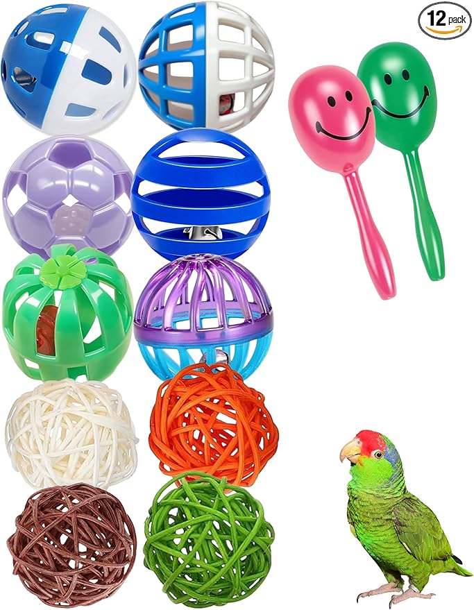 Bird Toys for Parrots & Parakeets - 12 Pack Colorful Bell Balls - Safe Chew, Foot & Activity Toys for Small & Large Birds (1.6'' - 2.8'')