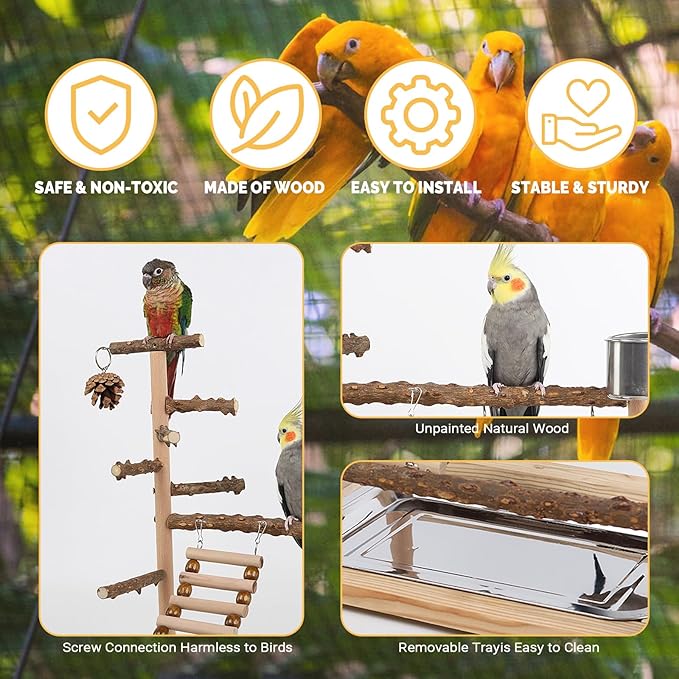 RoseFlower Bird Playground, Parrots Wooden Playstand, Birdcage Playground Play Gym Parakeet Playpen Ladder with Feeder Cup and Tray, Bird Toys Swing Exercise Toy