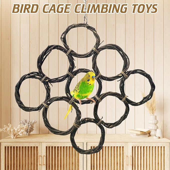 BNOSDM Bird Swing Rings Toy Natural Wood Parrot Climbing Ladder Parakeet Chewing Toys Hanging Budgie Cage Accessories for Green Cheek Conure Cockatiel Lovebird (5 Rings)