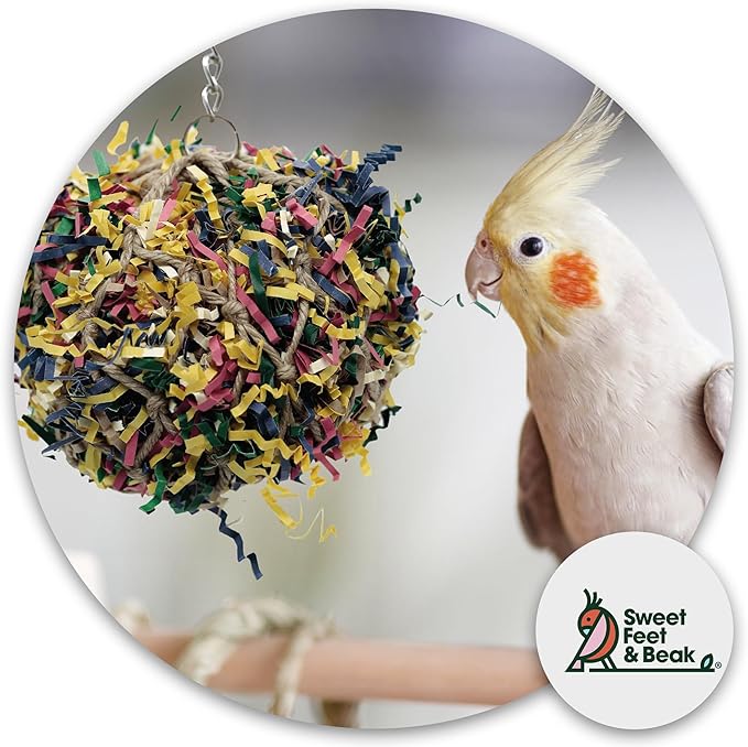 7” Super Shredder Ball Bird Toy - Fun Foraging Toys for Birds w/ Colorful Paper & Wooden Treasures - Easy to Hang Shredding Toys for Birds - Bird Shredding Toys for Cockatiels, Parrots & More