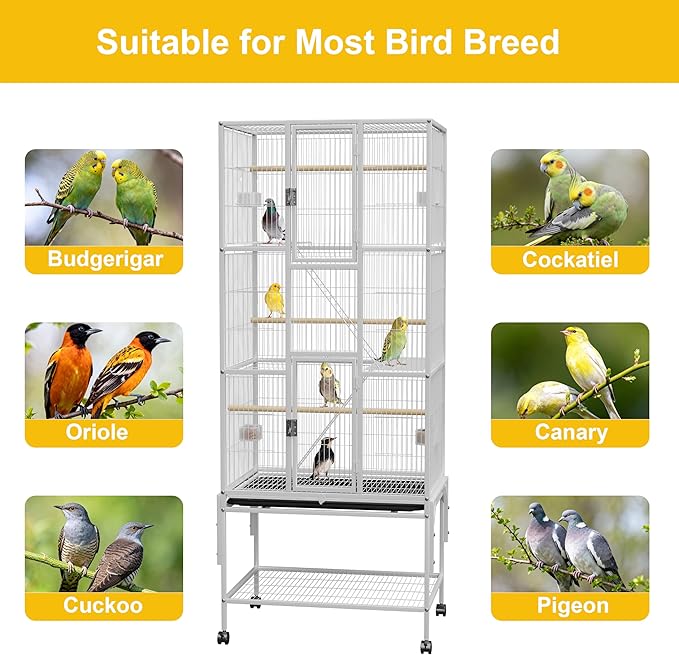 69 inches Bird Cage with Dust Cover, Birdcages with Rolling Wheels, Large Bird Cages for Cockatiels Quaker Conure Parakeet Lovebird Finch Canary Small Medium Parrot Cage Birdcage, White