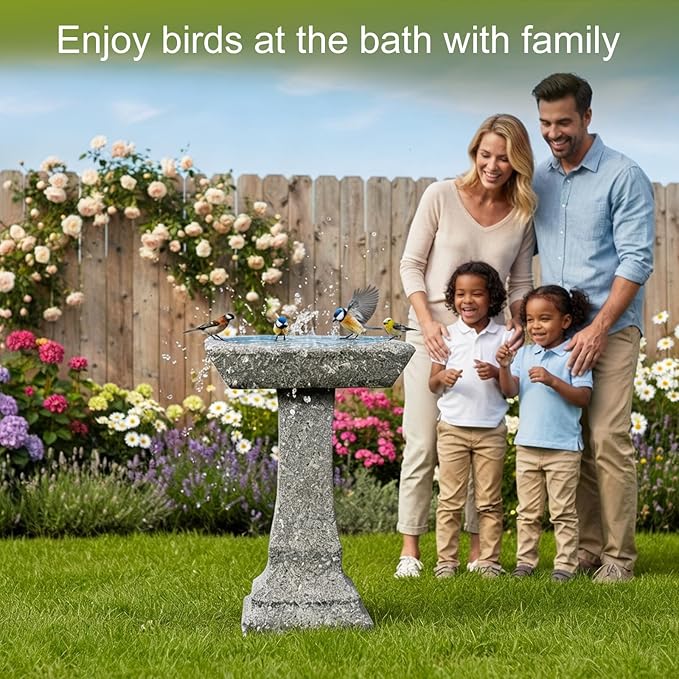 SKYFIRE 22.8" Tall Square Bird Bath, Concrete Freestanding Pedestal Birdbath, Modern Granite-Look Outdoor Bird Bath Bowl for Garden, Patio, Yard & Lawn Decor - 15" Dia. x 22.8" H