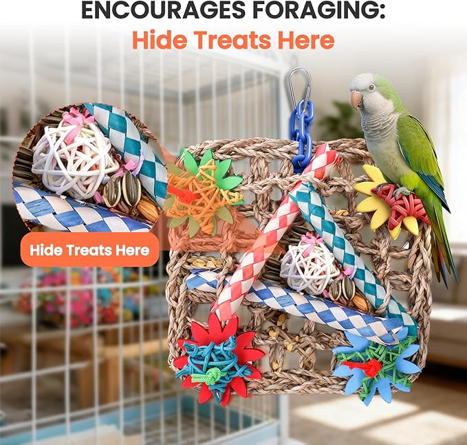 Cockatiel Toys, Extra Large Natural Seagrass Shredding Mat, Rattan & Wood Finger Traps Bird Toy for Parakeets, Budgies, Conures, Lovebirds - Parrot Enrichment Activity Center for Boredom Relief