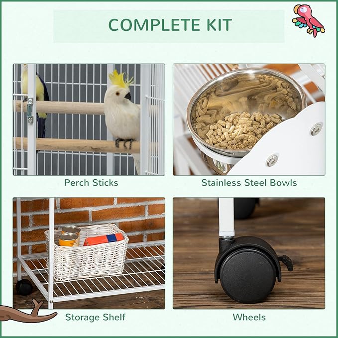 PawHut 55" Large Parrot Cage with Toy Hooks Above Top Bird Perch, Tray, Food Cups, Rolling Stand, Bird Cage for Cockatiels, Parakeets, Lovebirds