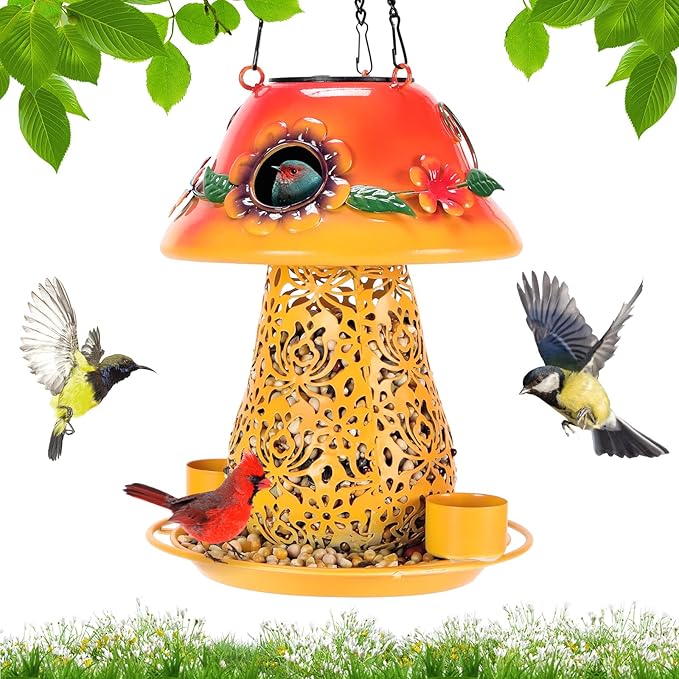 Mushroom Solar Bird Feeders for Outdoors Hanging Metal Wild Bird Feeder with S Hook for Garden Decoration Orange